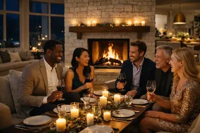 Elegant dinner party with friends gathered near the fireplace