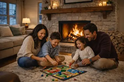 Family playing a board game by the fireplace