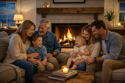 Happy family enjoying time by a modern fireplace